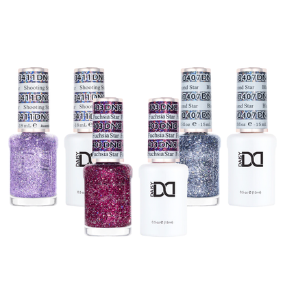 Holiday glitter nail polish trio from DND Gel & Lacquer Set featuring Fuchsia Star, Black Diamond, and Shooting Star