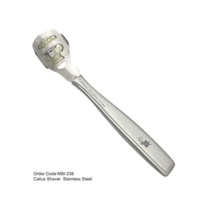 Stainless steel callus shaver on a white background