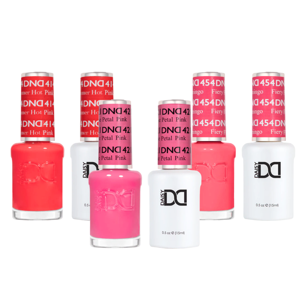 Miami Heat Trio DND Gel & Lacquer Set showing Summer Hot Pink, Rose Petal, and Fiery Flamingo coral and pink nail polish shades