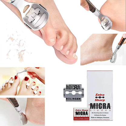 Collage of a foot being trimmed with a pedicure tool, a box of Micra blades, and close-up shots of the tool in action.