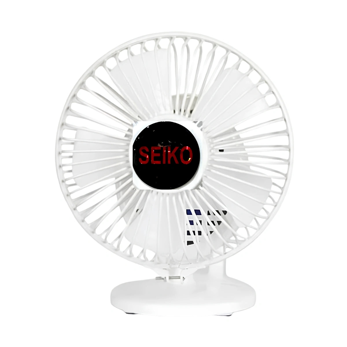 A white desk fan with a circular protective grille and a central black control panel displaying the brand name