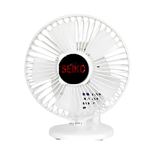 A white desk fan with a circular protective grille and a central black control panel displaying the brand name