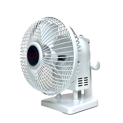 A white desk fan with a protective wire cage, adjustable neck, and stand, shown against a plain white background for nail salons