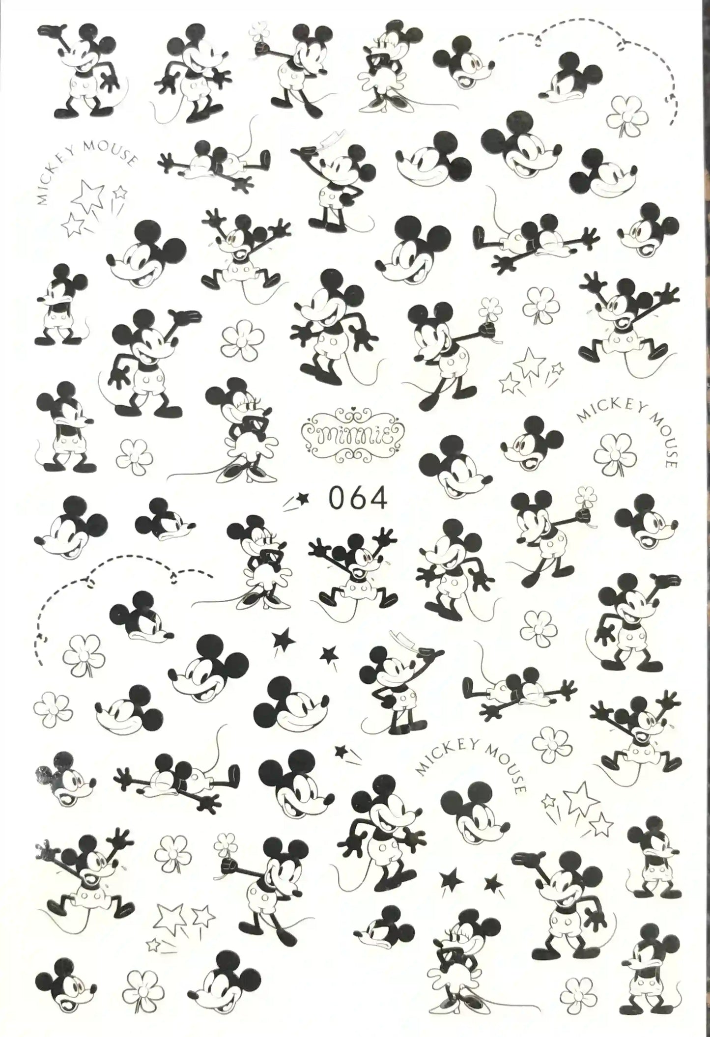 A sheet of black and white Mouse decals or stickers featuring multiple cartoon character illustrations, flowers, stars.