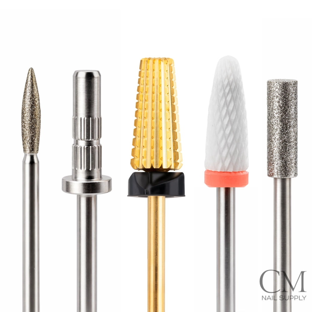 Professional nail drill bit bundle with mandrel, ceramic cone bit, carbide XC bit, straight diamond bit, and flame cuticle bit on white background