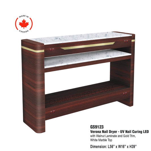 Nail dryer with marble top and gold trim, made in Canada, on a white background.