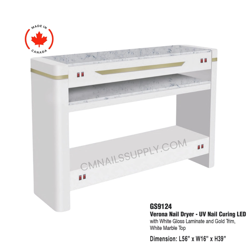 Nail dryer with white gloss laminate and gold trim, made in Canada, on a white background.