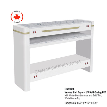 Nail dryer with white gloss laminate and gold trim, made in Canada, on a white background.
