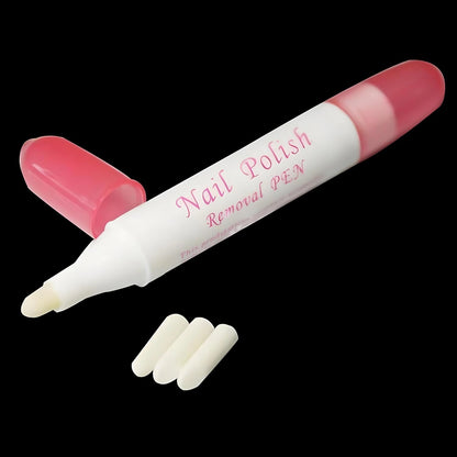 Nail polish removal pen with pink caps on a black background