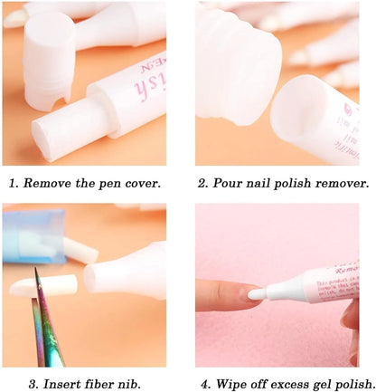 Step-by-step guide on using a nail polish remover pen with close-up shots and text instructions.