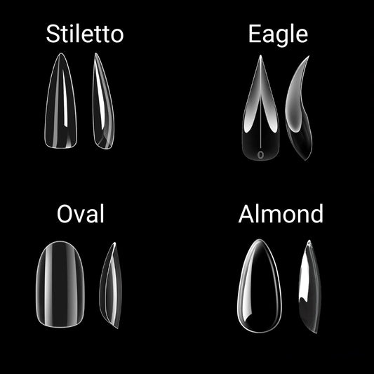 Nail tip shapes including stiletto, eagle, oval, and almond on a black background.