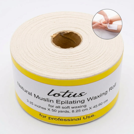 Roll of Lotus Natural Muslin Epilating Waxing Roll with close-up inset on white background