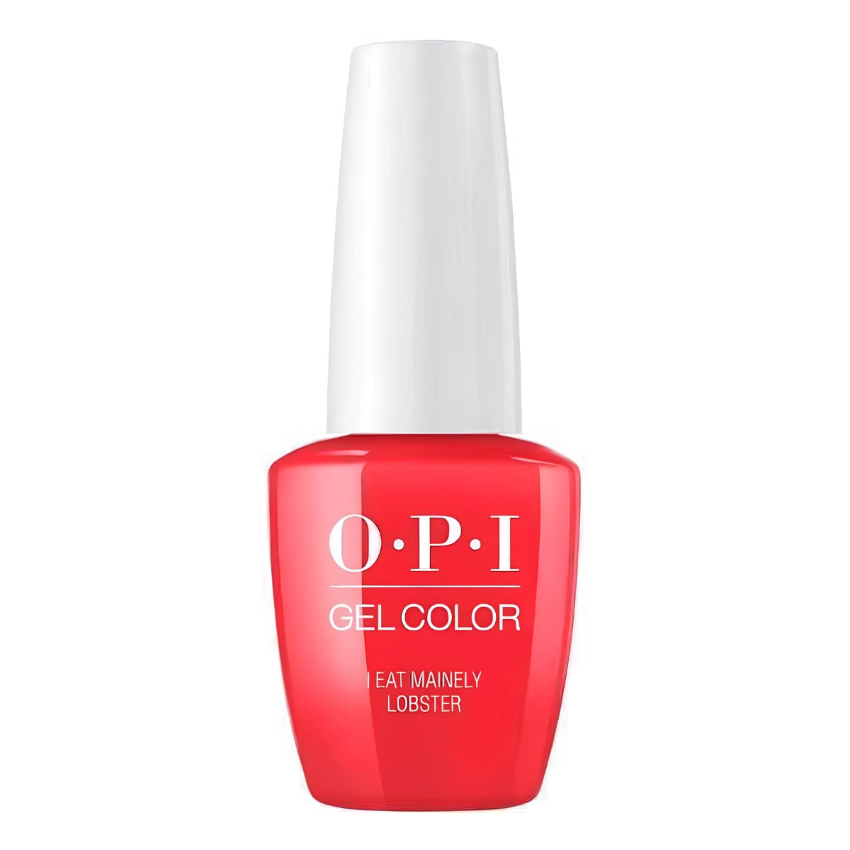 OPI Gel Color nail polish bottle in the shade 'Eat Mainly Lobster', featuring a bright lobster-red bottle and a white cap on a plain white background.