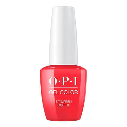 OPI Gel Color nail polish bottle in the shade 'Eat Mainly Lobster', featuring a bright lobster-red bottle and a white cap on a plain white background.