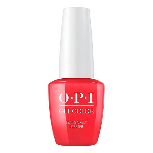 OPI Gel Color nail polish bottle in the shade 'Eat Mainly Lobster', featuring a bright lobster-red bottle and a white cap on a plain white background.
