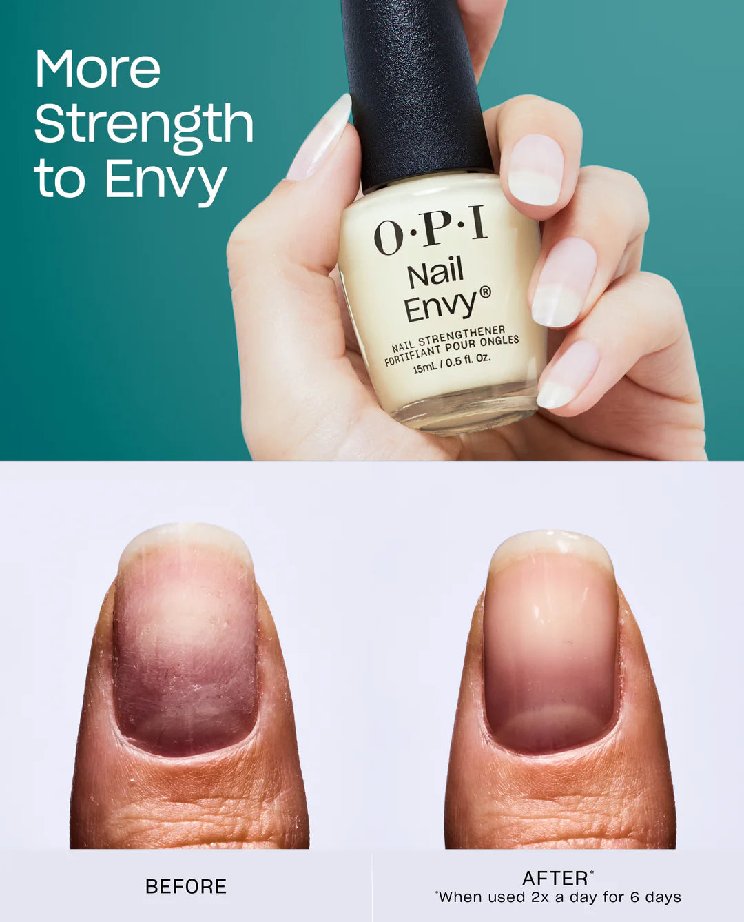 OPI Nail Envy nail strengthener with a hand holding the bottle and before-and-after nail images.