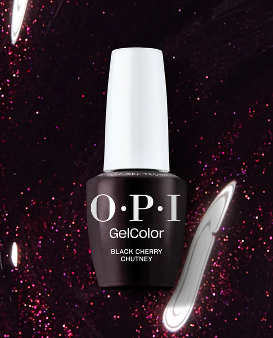 OPI Black Cherry Chutney Gel Polish on dark purple swatch 