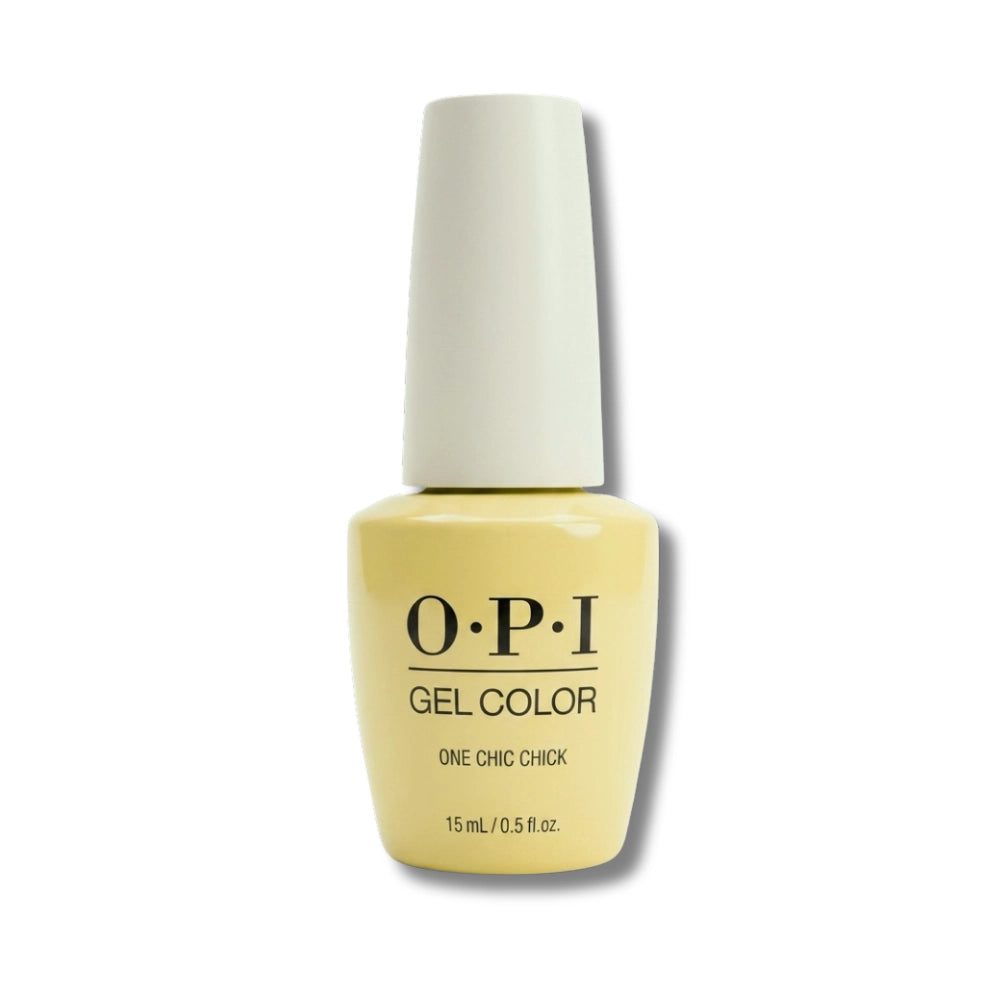 OPI gel color one chic chick nail polish bottle on a white background