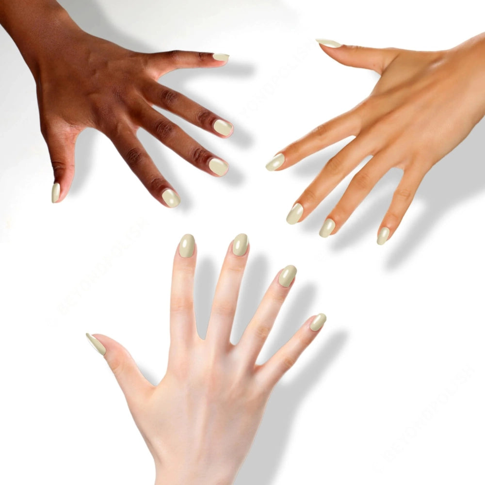 Three hands with light-colored nail polish on a white background