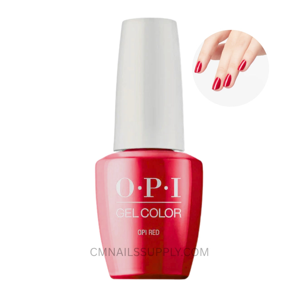 Red OPI gel color nail polish bottle with a hand showing red nails on a white background