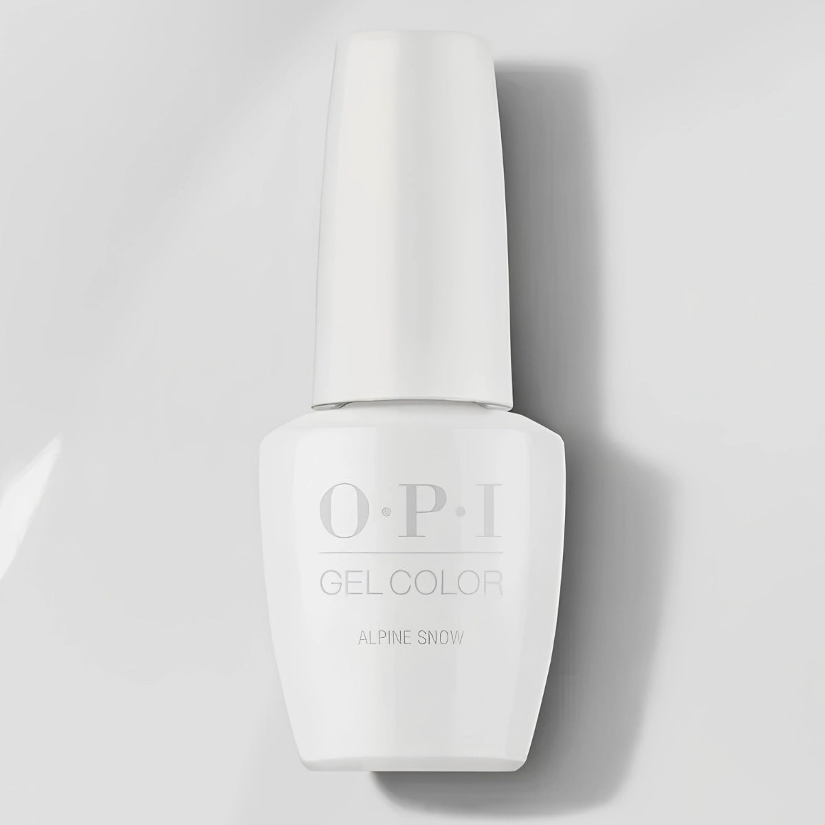 A bottle of OPI GelColor gel polish in the shade Alpine Snow, shown against a light gray background with a soft shadow.