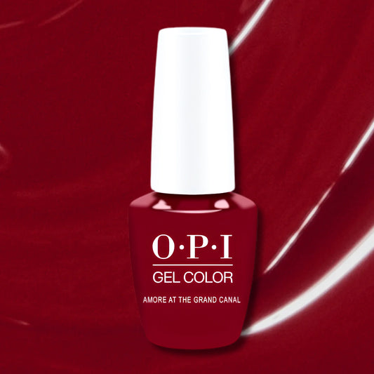 OPI GelColor Amore at the Grand Canal V29 gel polish bottle on red swatch background
