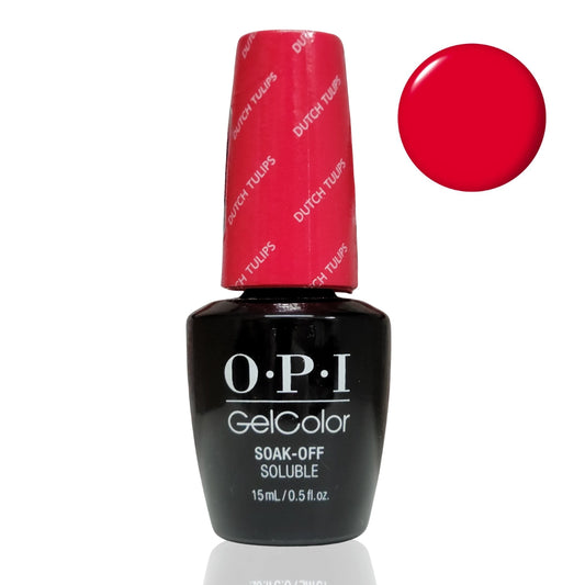 OPI GelColor Dutch Tulips L60 soak-off soluble nail polish in a black bottle with a red cap, shown next to a red color swatch on a white background.
