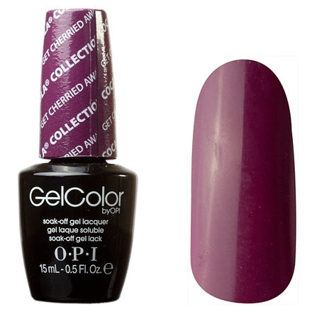 OPI GelColor Get Cherried Away C15 nail polish bottle with a matching purple nail on a white background