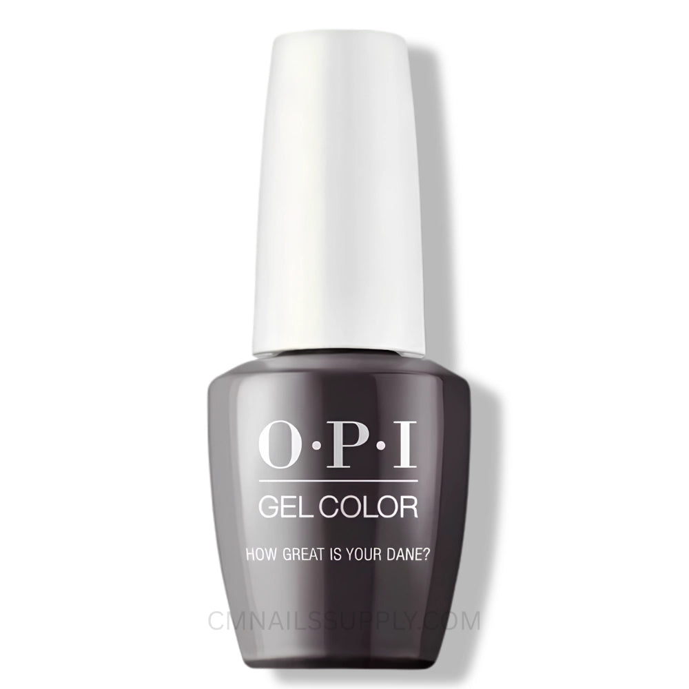 OPI Gel Color nail polish bottle in a dark charcoal brown shade, featuring a white cap and white printed text on the front, set against a plain white background. OPI GelColor How Great is Your Dane N44 sold at CM Nails Supply