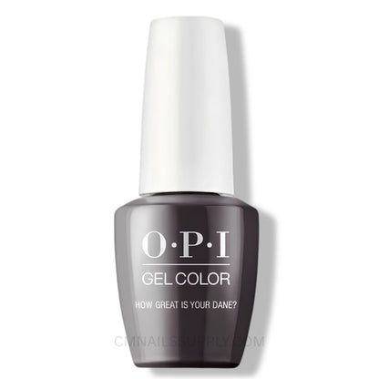 OPI Gel Color nail polish bottle in a dark charcoal brown shade, featuring a white cap and white printed text on the front, set against a plain white background. OPI GelColor How Great is Your Dane N44 sold at CM Nails Supply