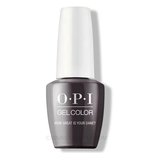 OPI Gel Color nail polish bottle in a dark charcoal brown shade, featuring a white cap and white printed text on the front, set against a plain white background. OPI GelColor How Great is Your Dane N44 sold at CM Nails Supply