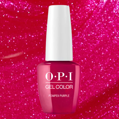 OPI Gel Color nail polish in the shade Pompeii Purple, shown in a glossy pink bottle with a white cap against a sparkling hot pink background.