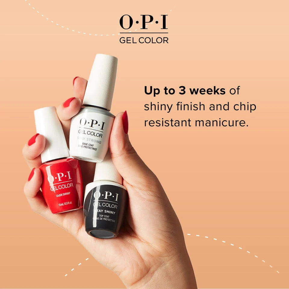 Hand holding three OPI gel color nail polish bottles with promotional text on a peach background
