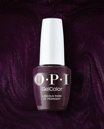 OPI GelColor Lincoln Park at Midnight Gel polish bottle on a dark purple textured background