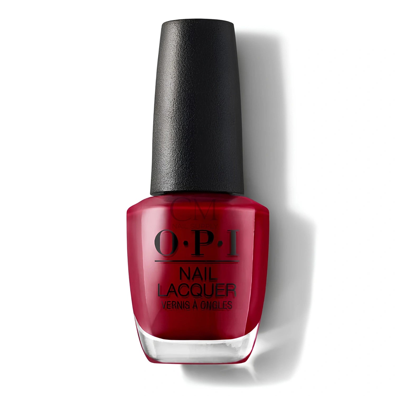 A bottle of OPI Amore at the Grand Canal V29 Nail Lacquer in a deep red shade, featuring a black cap and clear glass base, set against a plain white background with a soft shadow.