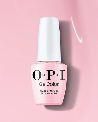 OPI GelColor Suzi Shops & Island Hops Gel Polish bottle on a pink background