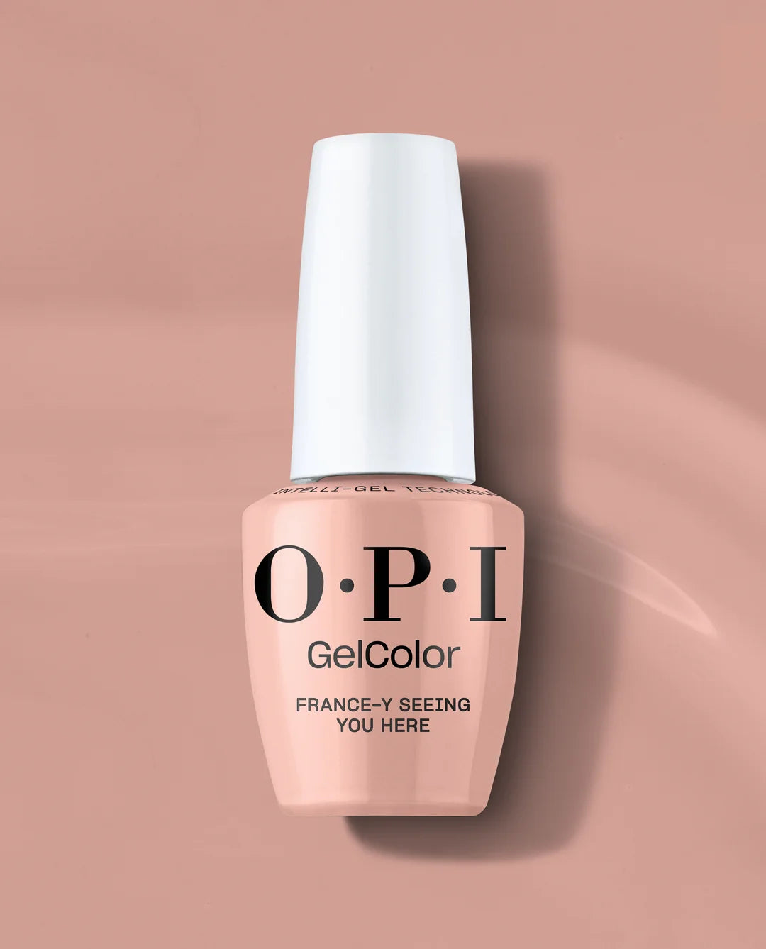 OPI Gel Color - France-y Seeing You Here Gel Polish F039 bottle with a white cap on a beige background