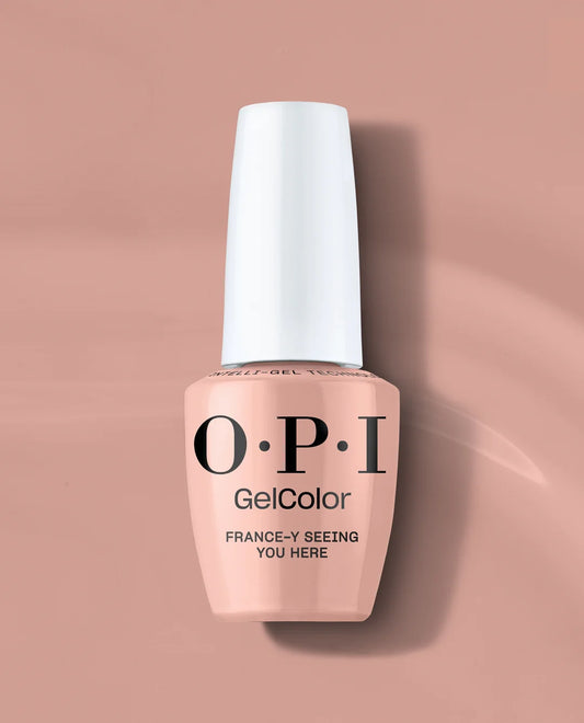 OPI Gel Color - France-y Seeing You Here Gel Polish F039 bottle with a white cap on a beige background