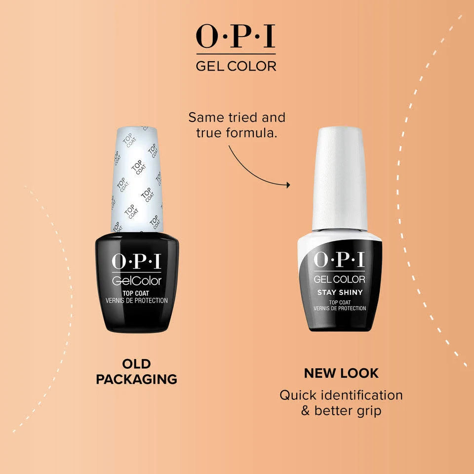Comparison of OPI GelColor packaging with old and new designs on a peach background.