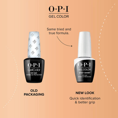 Comparison of OPI GelColor packaging with old and new designs on a peach background.