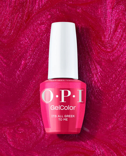 OPI GelColor It’s All Greek to Me Gel Polish F041 gel nail polish bottle on a pink textured background
