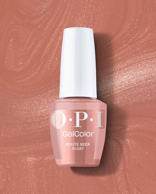 A bottle of OPI GelColor nail polish in the shade Route Beer Float, featuring a dusty rose pink color with a white cap, set against a matching textured glitter nail polish swatch background.
