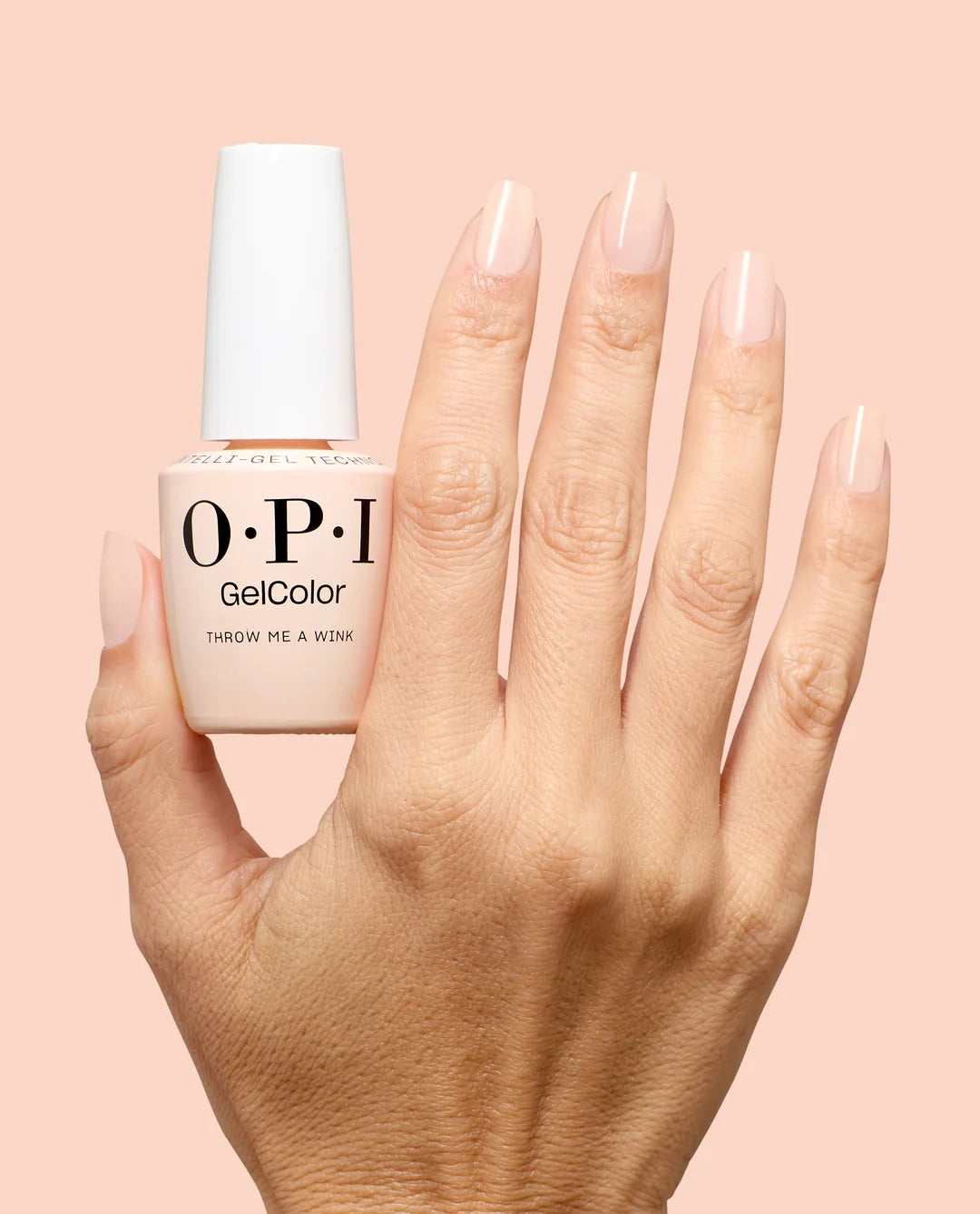 OPI Throw Me a Wink gel color nail polish bottle with a hand displaying nails painted with the same color on a pink background