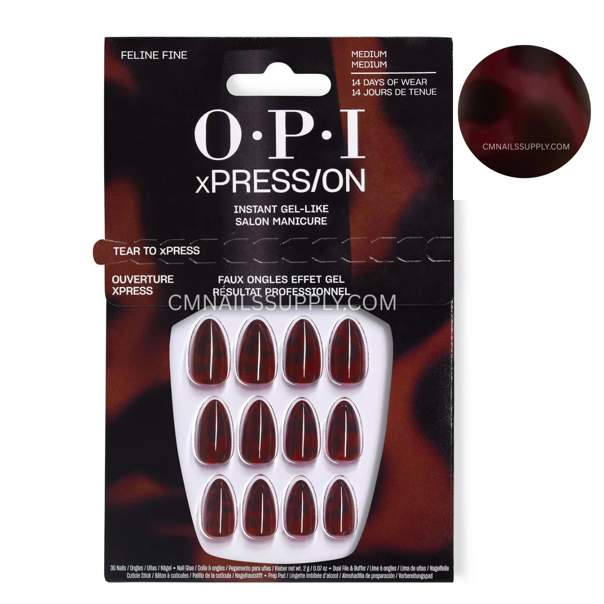 OPI xPress/On press-on nails in the shade Feline Fine, featuring a black and dark red blister pack with a circular color swatch on the top right.
