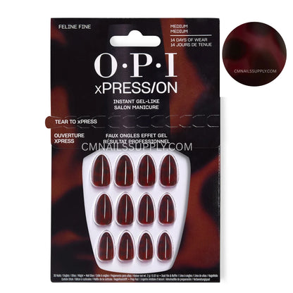 OPI xPress/On press-on nails in the shade Feline Fine, featuring a black and dark red blister pack with a circular color swatch on the top right.