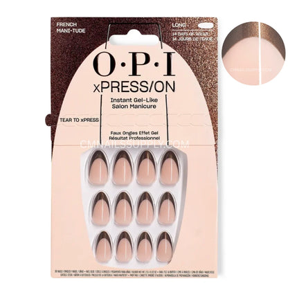 OPI xPress/On French Manicure press-on nail set in retail packaging, featuring almond-shaped nude nails with a dark brown tip, shown alongside a circular color swatch on a white background.
