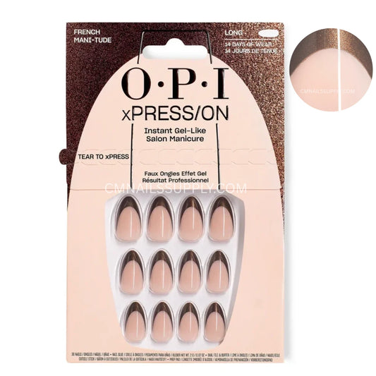 OPI xPress/On French Manicure press-on nail set in retail packaging, featuring almond-shaped nude nails with a dark brown tip, shown alongside a circular color swatch on a white background.
