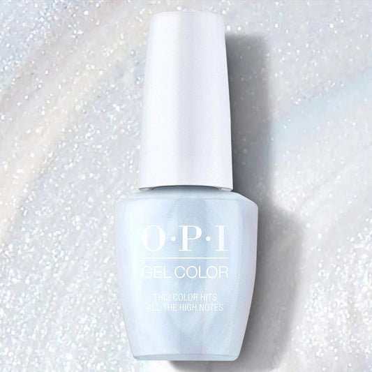 OPI gel polish bottle this color hits all the high notes on a glittery silver background
