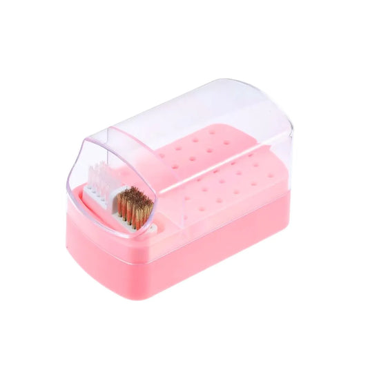 2-in-1 Nail Drill Bit Holder & Cleaner Brush Case - 30 Hole Storage Organizer with Dust-Proof Cover (White/Pink)