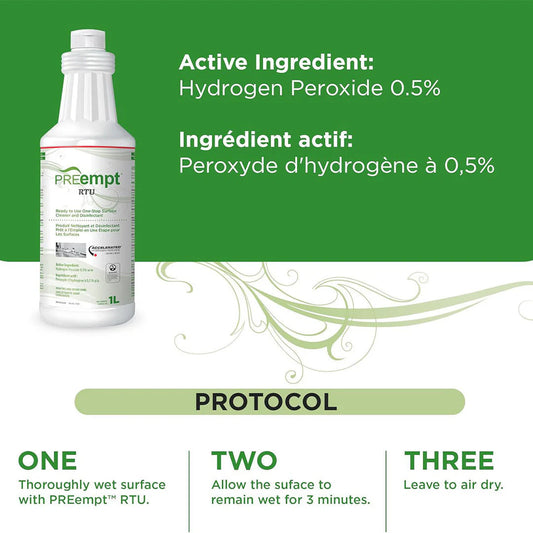 PREempt RTU bottle with hydrogen peroxide 0.5% on a green background